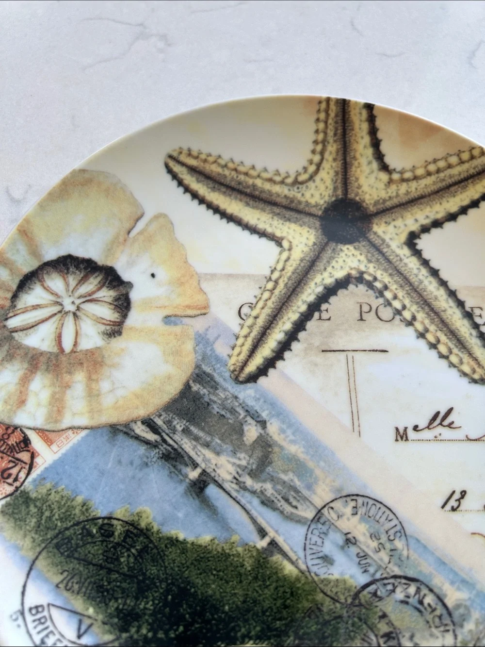 Pottery Barn-Coastal Curiosity Plate Featuring Postcard Design